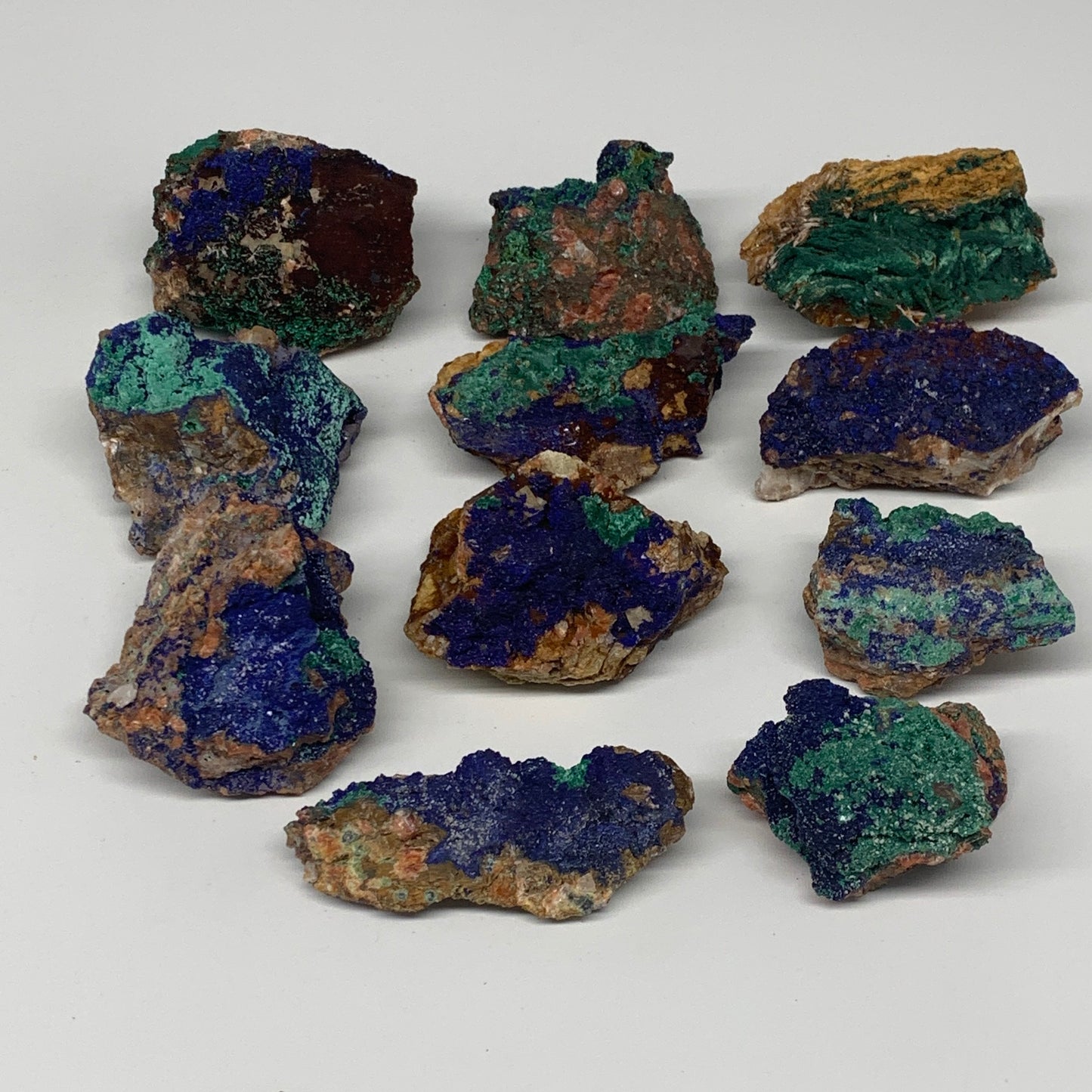 1302g, 2.1"-3", 11pcs Lot, Azurite Malachite Mineral Specimen @Morocco, B11288