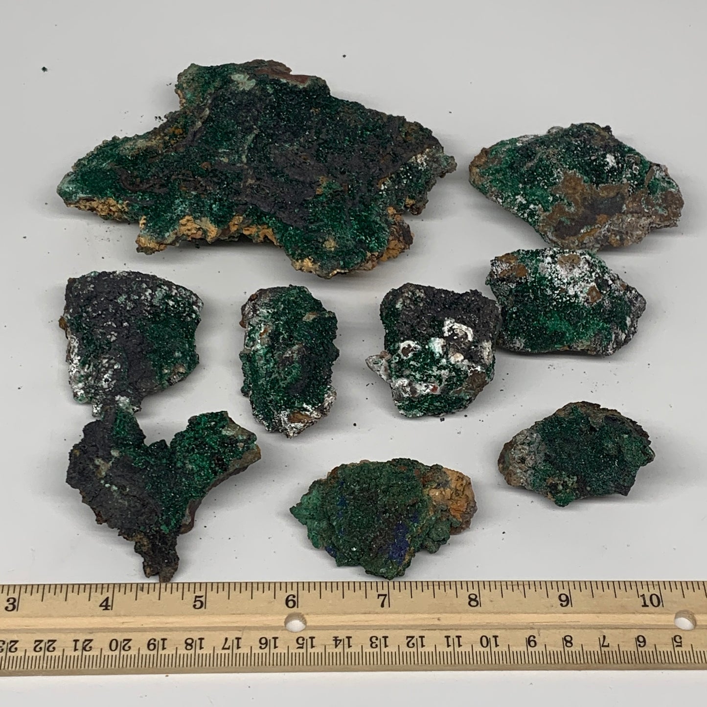 916g, 1.9"-5.2", 9pcs Lot, Malachite Mineral Specimen from Morocco, B11289
