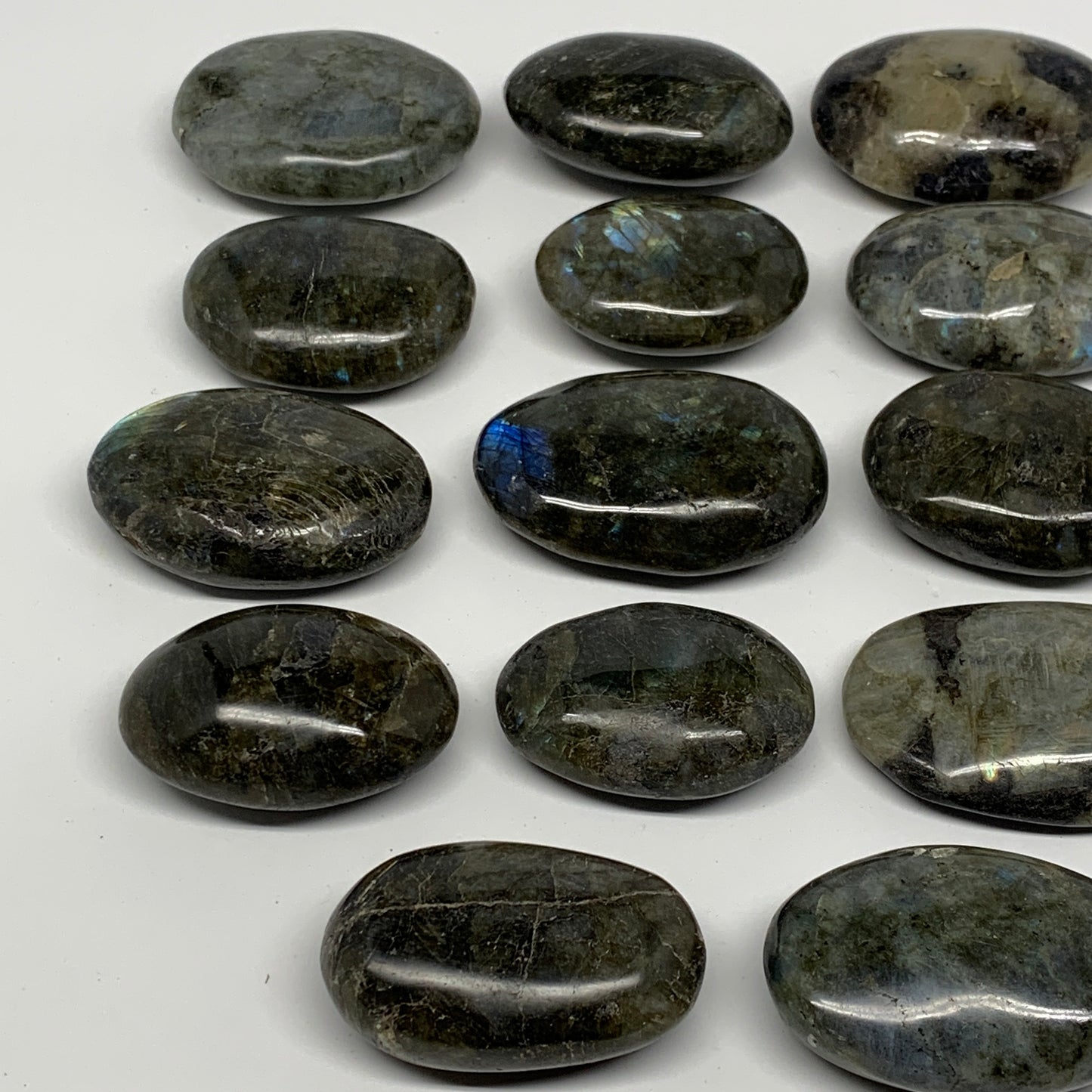 2.2 lbs,2"-2.6", 14pcs, Labradorite Palm-stone Polished Reiki @Madagascar,B17781