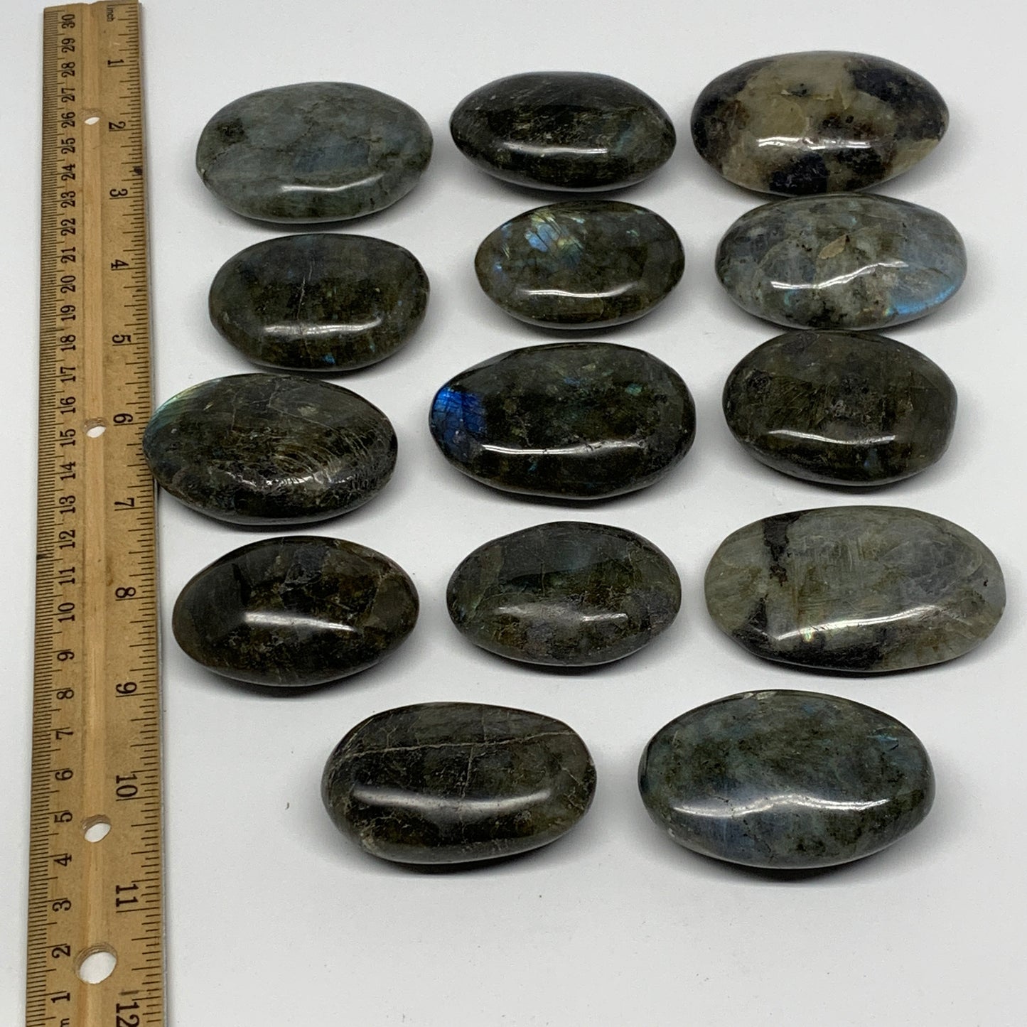 2.2 lbs,2"-2.6", 14pcs, Labradorite Palm-stone Polished Reiki @Madagascar,B17781