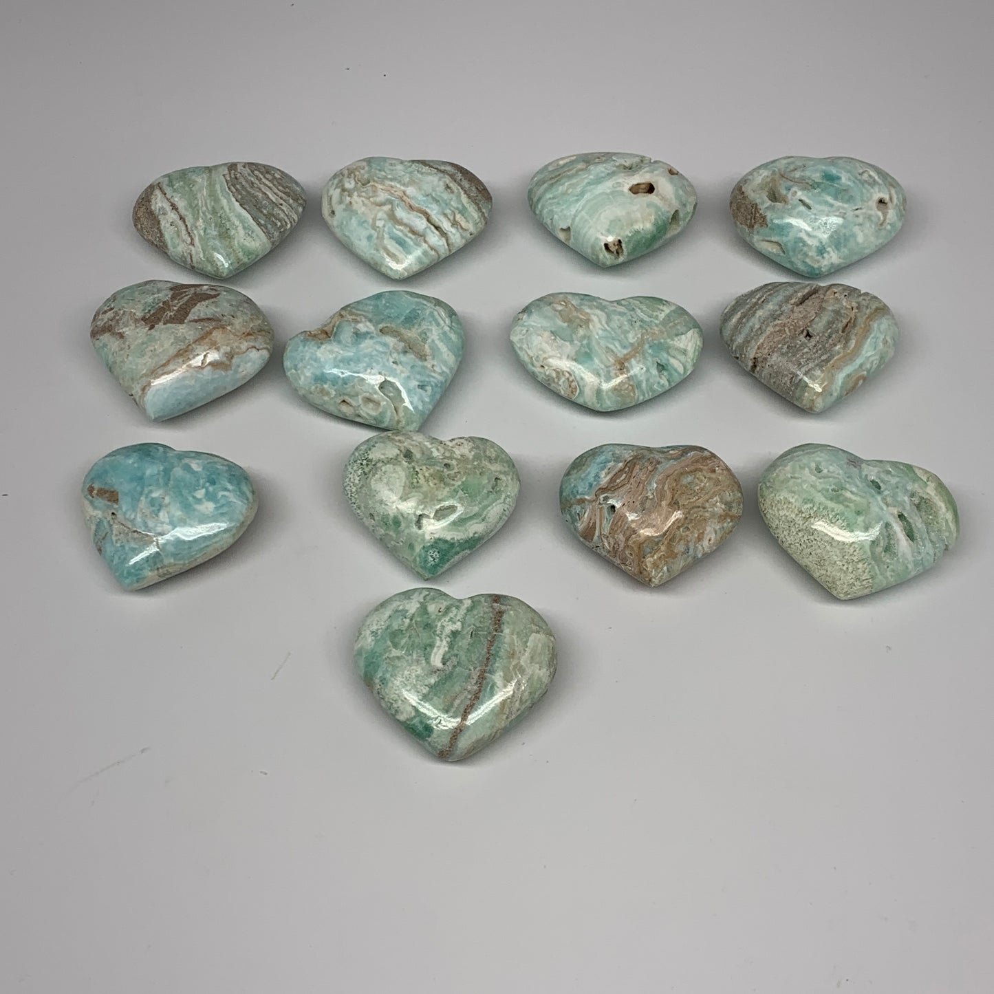 1010g (2.2 lbs) ,13 pcs, 1.7"- 2", Blue Aragonite Hearts Calcite @Afghanistan, B