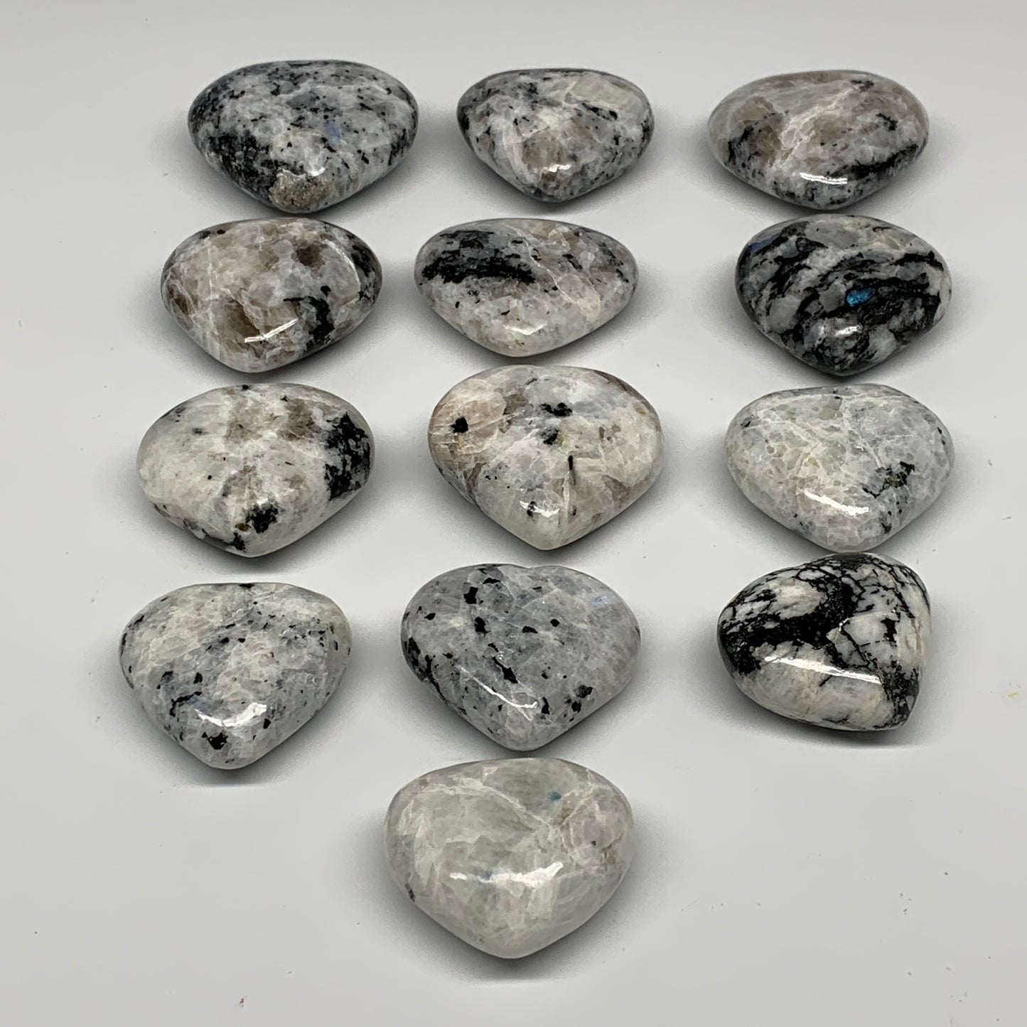 1000g (2.2 lbs) , 13 pcs, 1.6"- 2.1", Rainbow Moonstone Hearts from India, B2640
