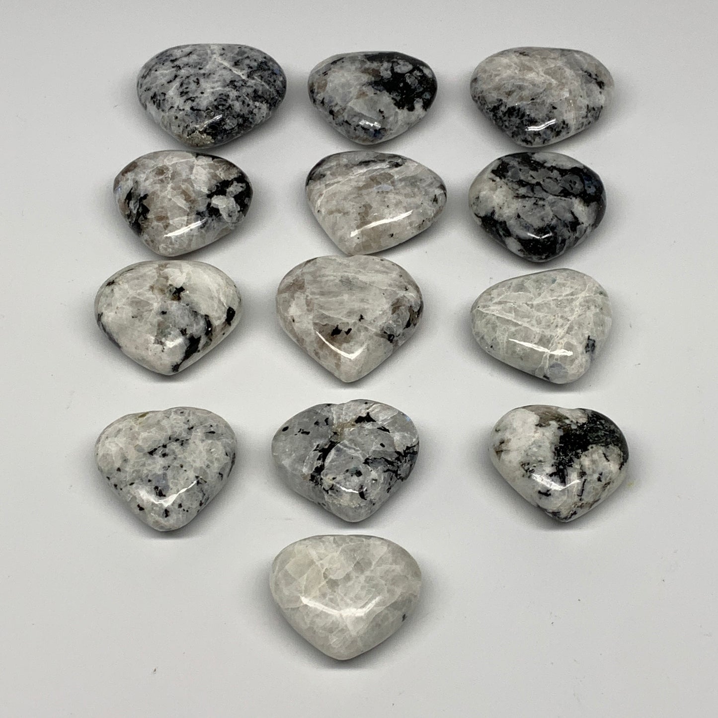 1000g (2.2 lbs) , 13 pcs, 1.6"- 2.1", Rainbow Moonstone Hearts from India, B2640
