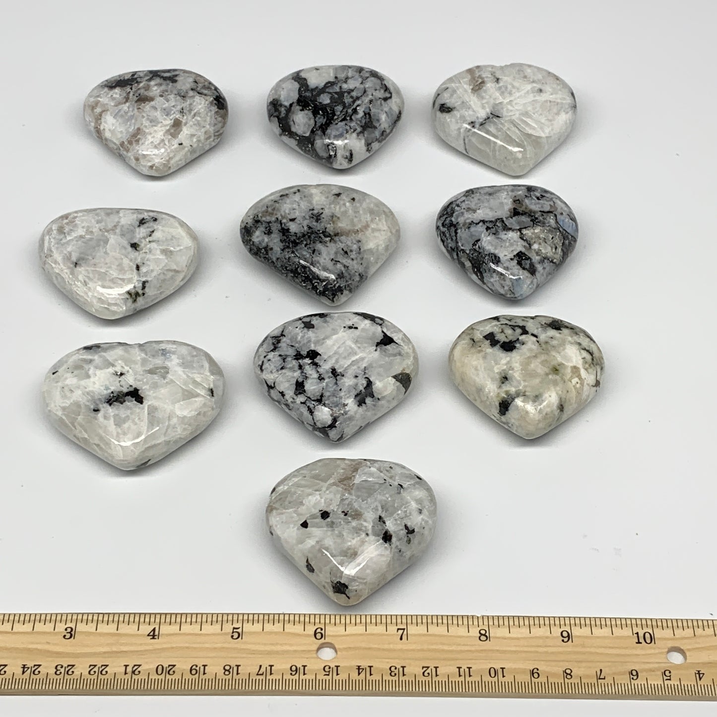 995g (2.19 lbs) , 10 pcs, 2"- 2.2", Rainbow Moonstone Hearts from India, B26402