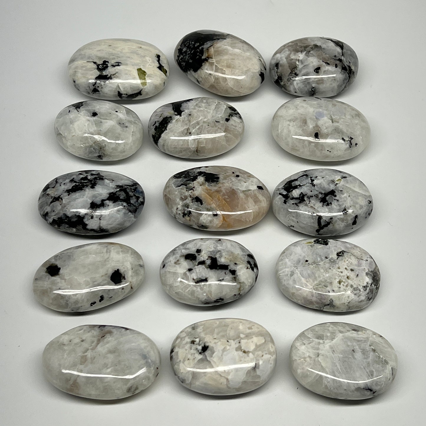 2.2 lb, 1.9"-2.3", 15 pcs, Rainbow Moonstone Palm-Stone Polished Reiki Crystal,