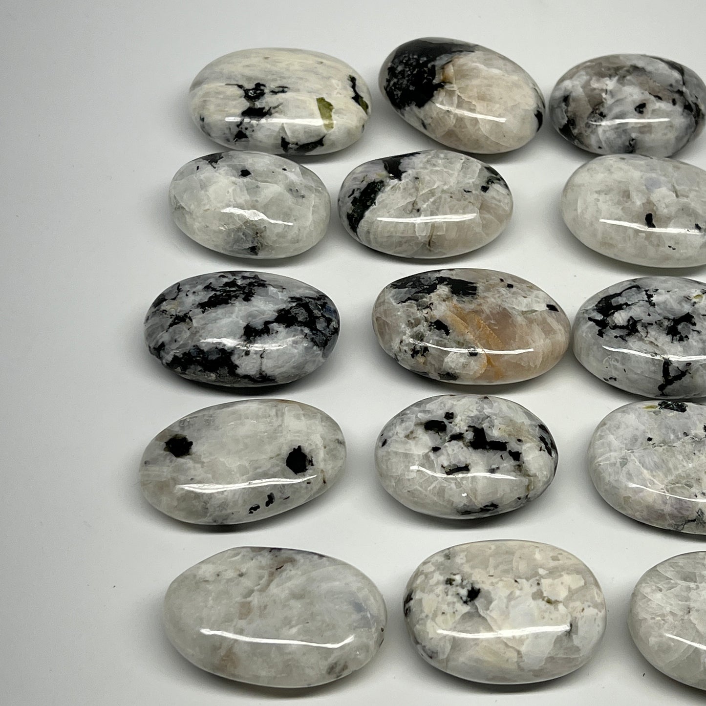 2.2 lb, 1.9"-2.3", 15 pcs, Rainbow Moonstone Palm-Stone Polished Reiki Crystal,
