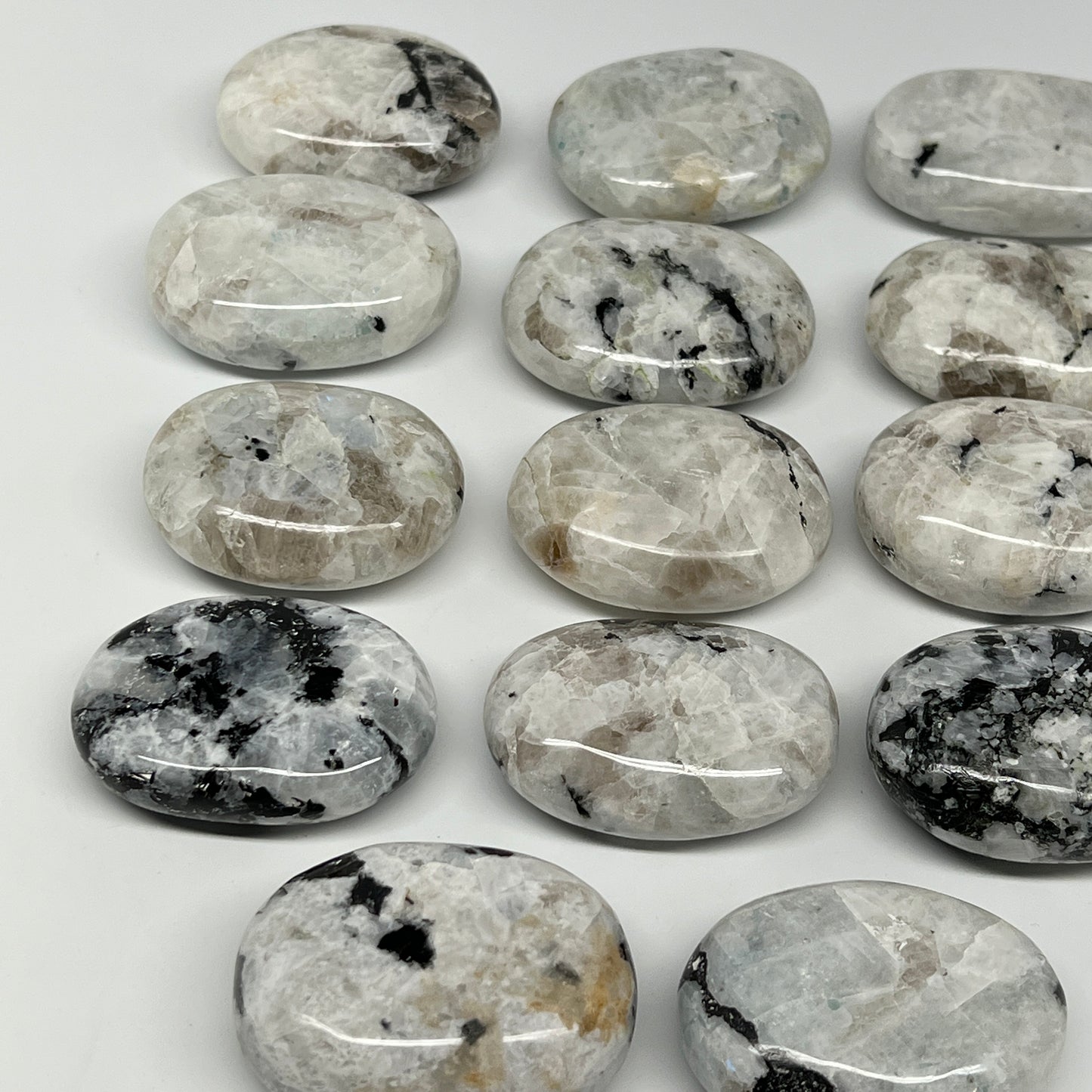 2.2 lb, 2"-2.3", 14 pcs, Rainbow Moonstone Palm-Stone Polished Reiki Crystal, B2