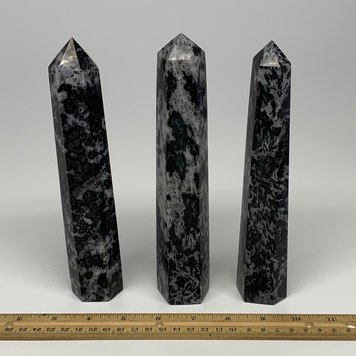 1355 grams, 7.9" - 8", 3 pcs, Indigo Gabro Merlinte Towers/Obelisks, B21444